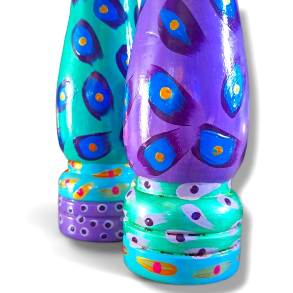 Hand Painted Wooden Salt and Pepper Shakers Blue Purple 10" NEVER USED - Picture 4 of 9